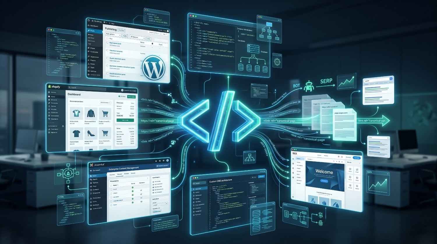 Technical SEO implementation across WordPress, Shopify, Wix, and custom CMS platforms, showcasing canonical tags, structured data, site architecture, and search engine indexing. Visualization highlights cross-platform SEO optimization, crawl efficiency, duplicate content prevention, improved SERP rankings, and scalable website performance for higher organic traffic growth.