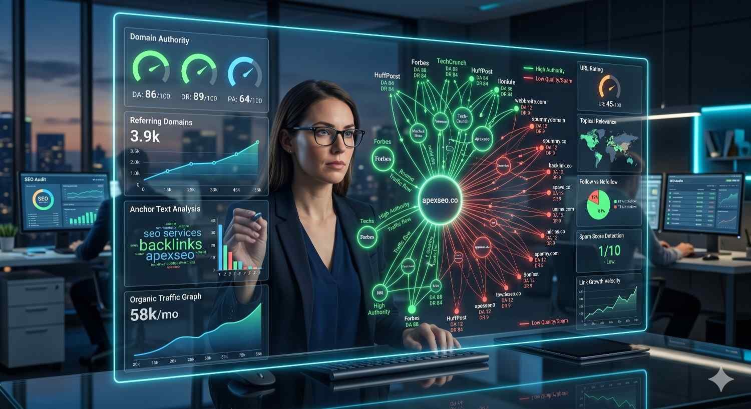 SEO expert analyzing backlink profiles, domain authority, referring domains, anchor text distribution, and link quality metrics to improve search engine rankings, increase organic traffic, strengthen website authority, and identify high-value backlink opportunities while reducing spam link risks