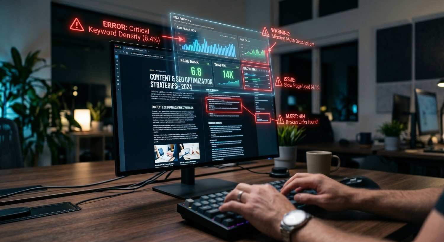 SEO analyst reviewing website optimization dashboard on a desktop monitor, identifying keyword density issues, broken links, slow page speed, and missing meta descriptions to improve search engine rankings, website performance, and organic traffic growth