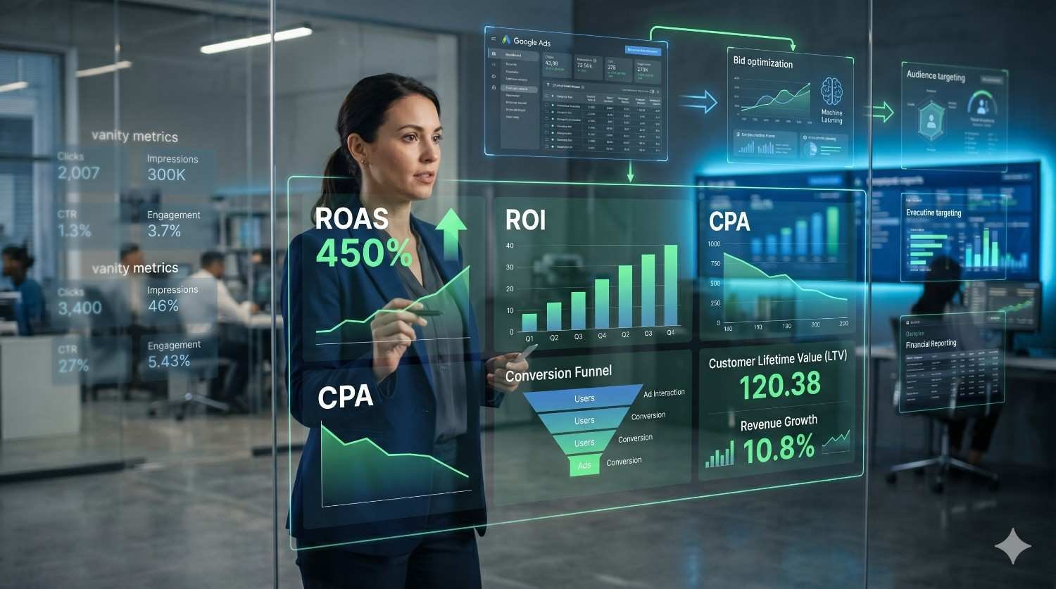 Digital marketing analyst reviewing PPC campaign performance dashboard with ROAS, ROI, CPA, conversion funnel, audience targeting, bid optimization, and customer lifetime value metrics. Data-driven advertising strategy focused on improving Google Ads performance, conversion rates, revenue growth, and return on ad spend.