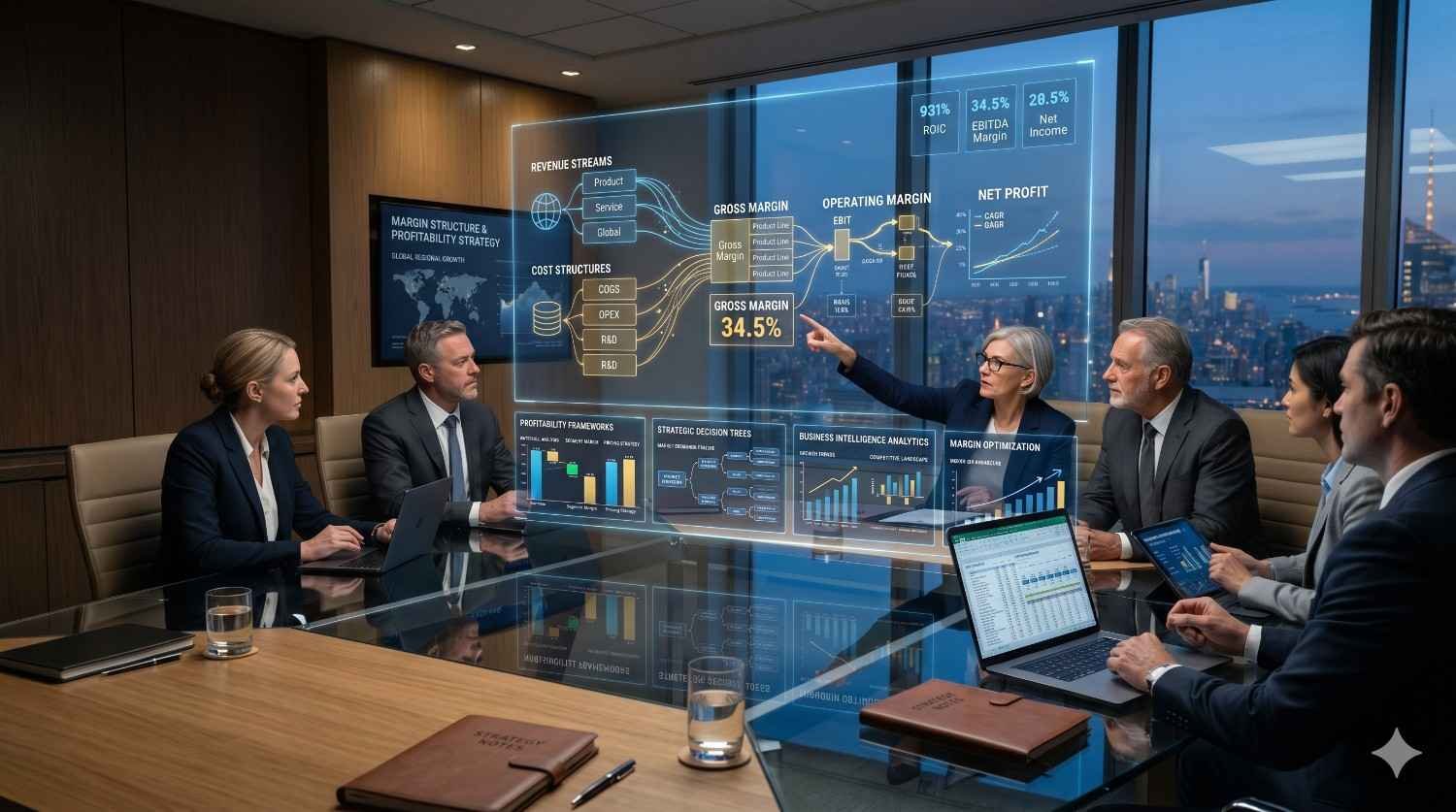 Executive leadership team reviewing profitability strategy, revenue streams, gross margin, operating margin, net profit, and business intelligence dashboards. Corporate financial planning meeting focused on margin optimization, performance analytics, strategic decision-making, revenue growth, cost management, and long-term business profitability.