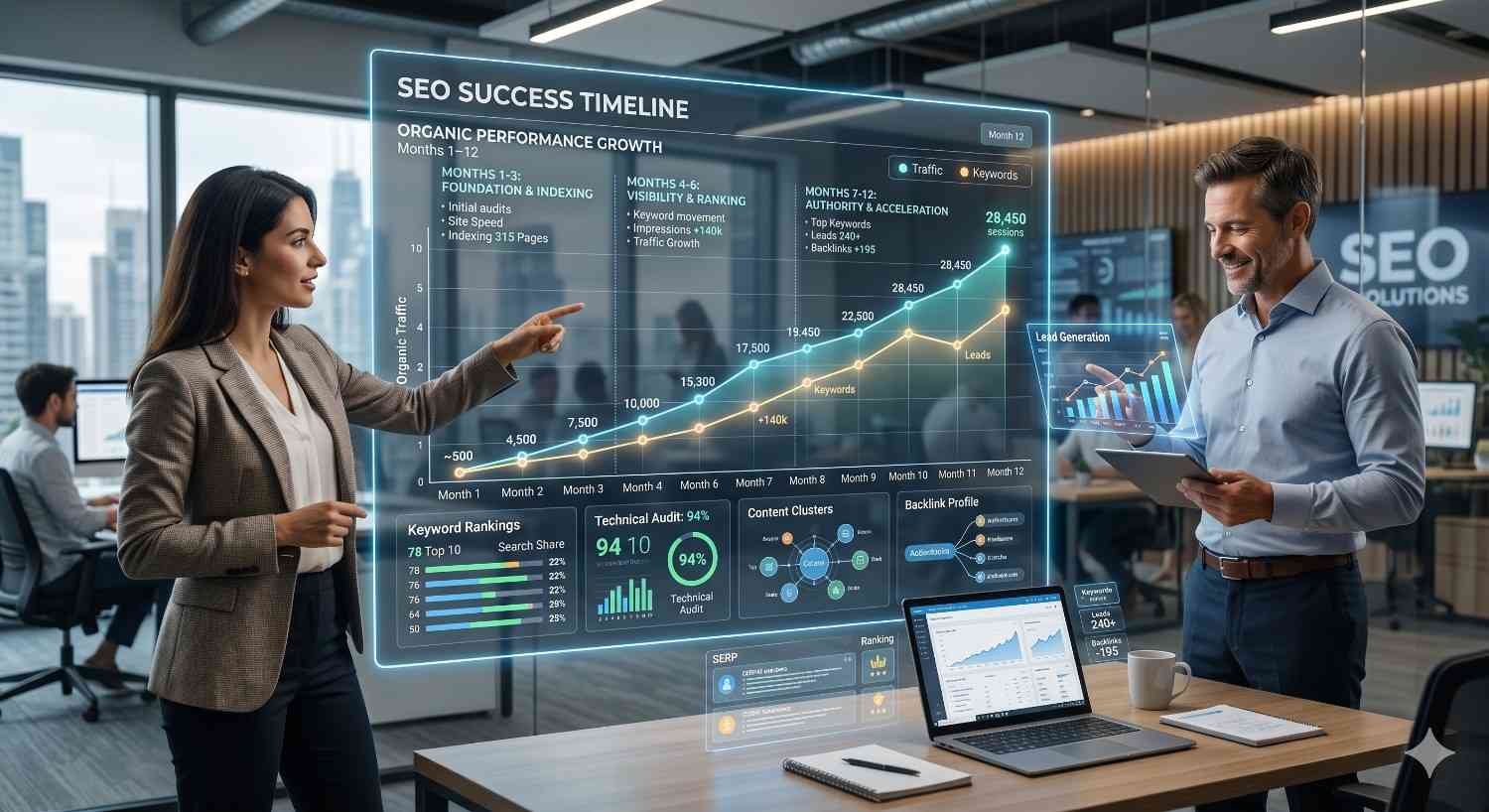 SEO consultants reviewing a performance growth timeline in a modern office environment. Interactive dashboards display organic traffic increases, keyword rankings, technical audit scores, content clusters, backlink profiles, and lead generation metrics. Team members analyze monthly progress and strategy milestones, demonstrating data-driven SEO optimization, measurable growth, and long-term digital marketing success.