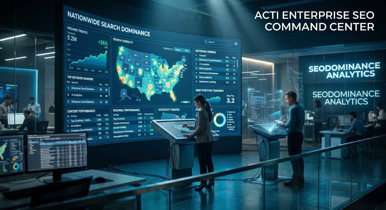 Enterprise SEO command center dashboard displaying nationwide search dominance, keyword rankings, organic traffic growth, SERP tracking, search visibility, and content performance analytics. SEO professionals monitoring national search campaigns, geographic keyword trends, website traffic, and competitive performance metrics to improve rankings, authority, and digital marketing results.