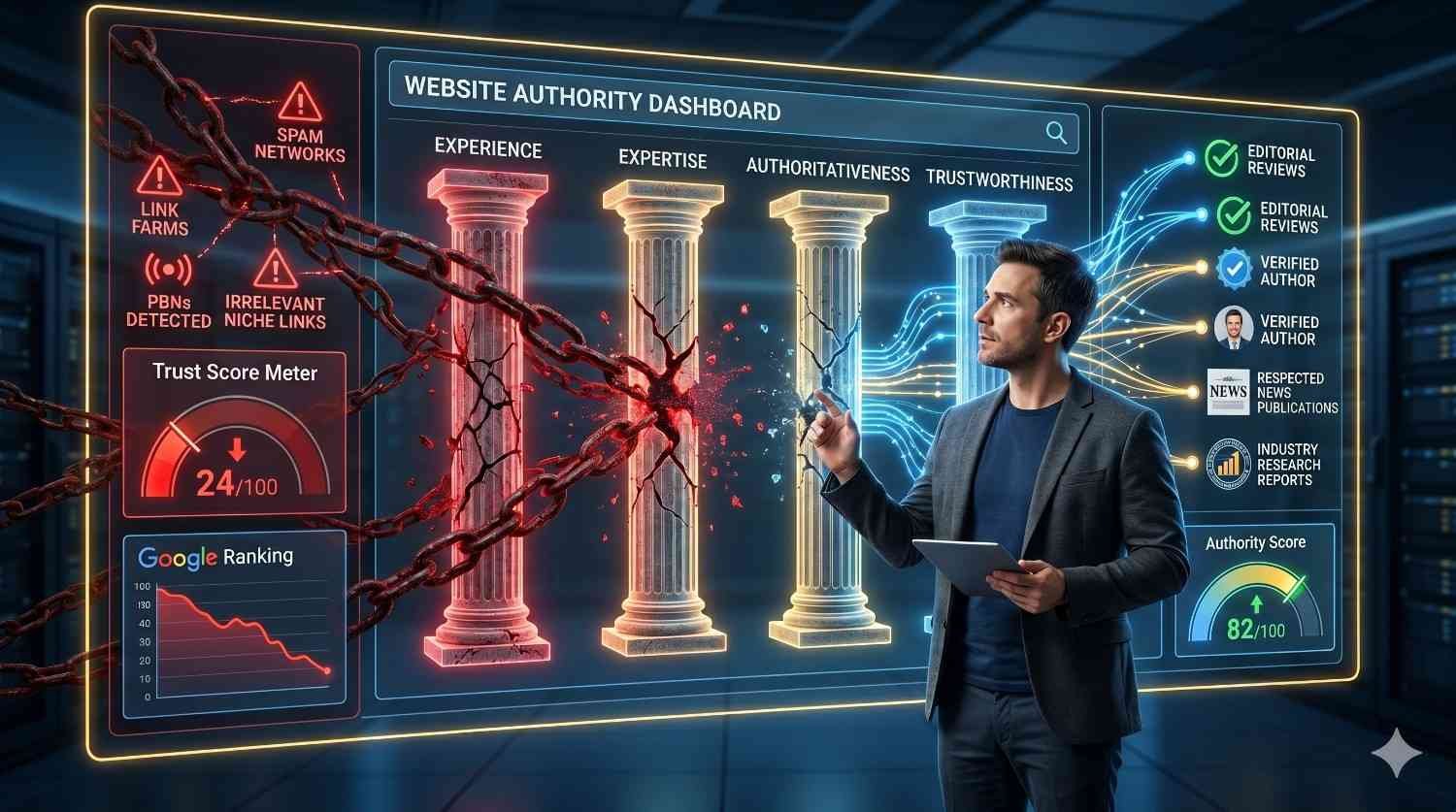Website authority dashboard illustrating E-E-A-T principles, backlink quality analysis, trust signals, editorial reviews, and spam link detection to improve domain authority, search rankings, website credibility, and organic SEO performance while reducing risks from low-quality backlinks