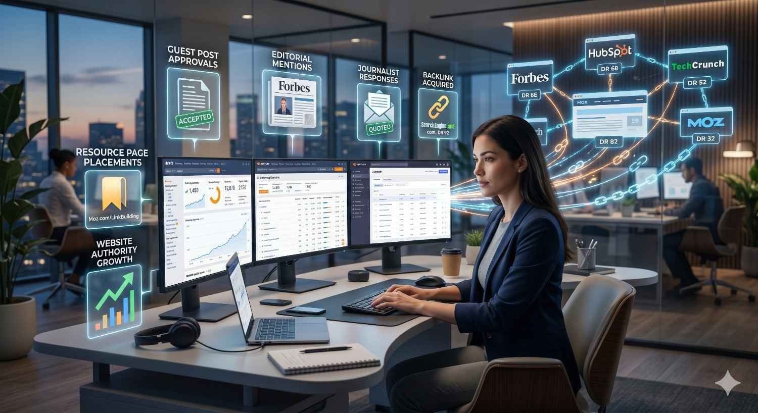 SEO specialist managing white-hat link building campaigns, guest posting, digital PR, editorial backlinks, and authority outreach to increase domain authority, improve search engine rankings, strengthen backlink profiles, and drive organic traffic growth through high-quality website mentions