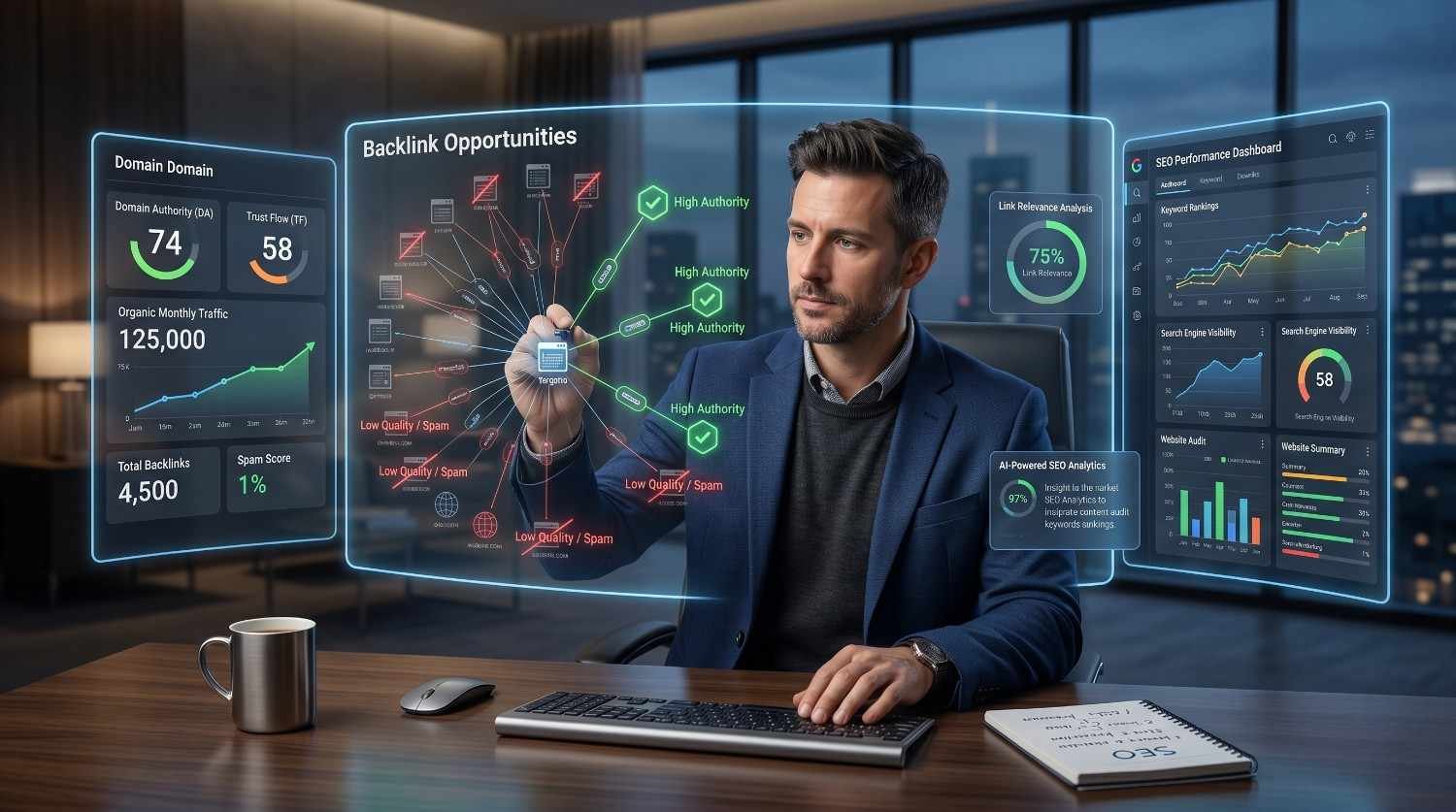 SEO specialist analyzing backlink opportunities with AI-powered SEO analytics, identifying high-authority links, toxic backlinks, and spam risks. Dashboard displays domain authority, trust flow, keyword rankings, organic traffic growth, link relevance analysis, and backlink profile optimization to improve search engine rankings and website authority.