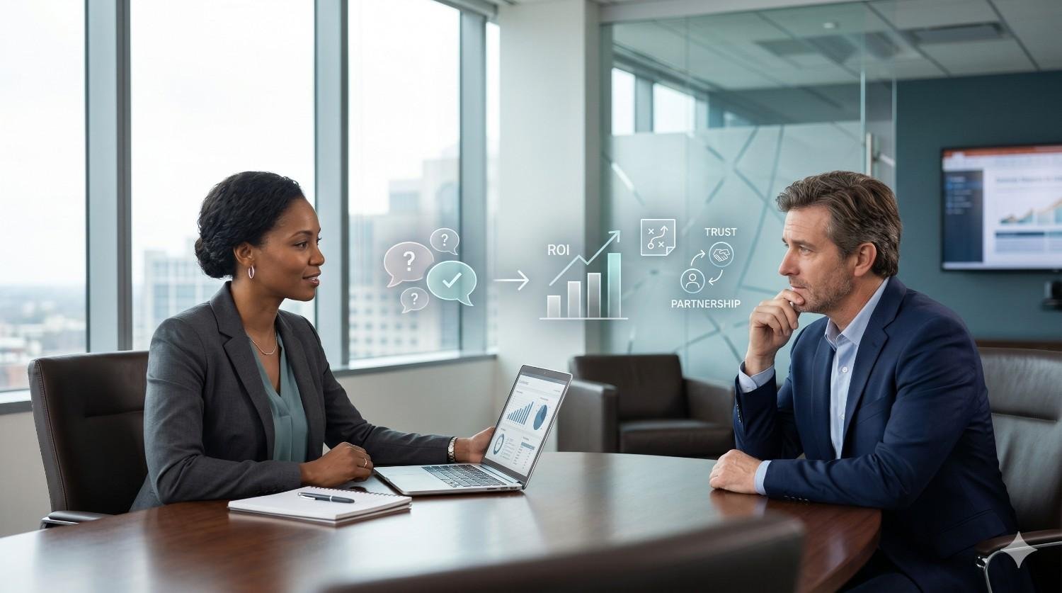 SEO consultant meeting with a client to discuss marketing strategy, ROI growth, performance reporting, and long-term business goals. Professional consultation focused on building trust, improving search engine optimization results, increasing organic traffic, maximizing return on investment, and developing a successful digital marketing partnership.