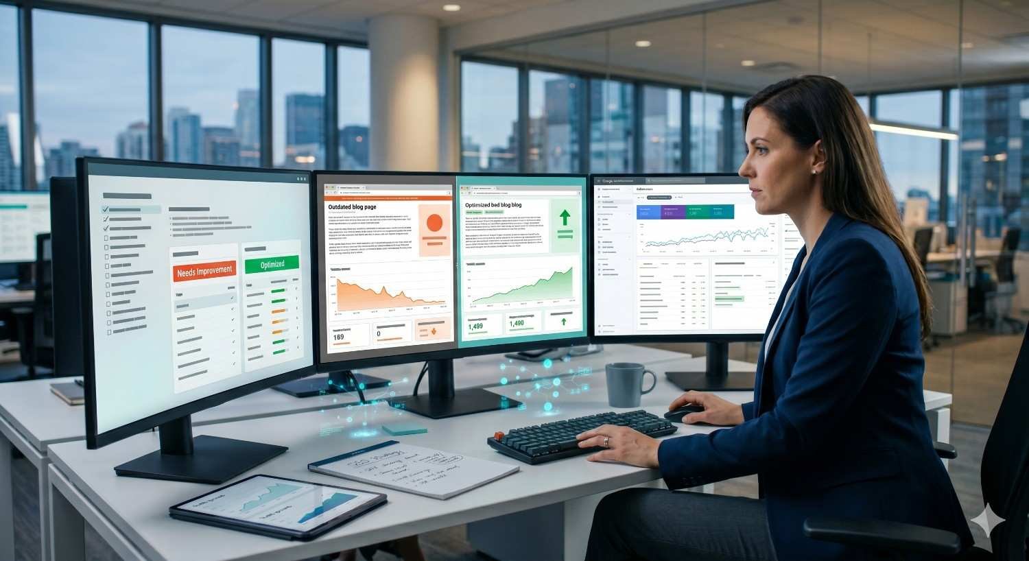SEO specialist performing content optimization and content audit analysis, updating outdated blog posts, improving on-page SEO, tracking organic traffic growth, and monitoring content performance dashboards to increase search rankings, enhance user engagement, and drive sustainable organic traffic.
