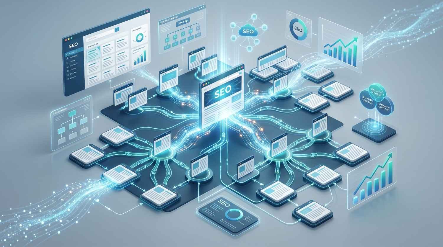 SEO content hub architecture connecting pillar pages, topic clusters, semantic SEO, internal linking, and performance analytics to improve search rankings, topical authority, user experience, and sustainable organic traffic growth across a website