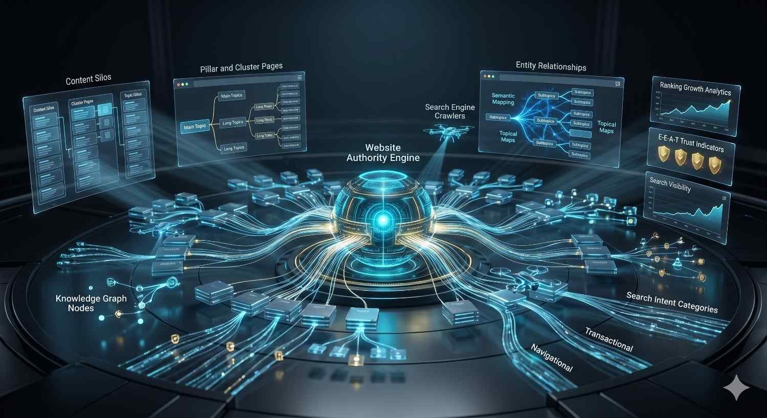 Semantic SEO and topical authority framework illustrating content silos, pillar pages, topic clusters, entity relationships, knowledge graph optimization, search intent mapping, and E-E-A-T signals to improve website authority, search engine rankings, organic visibility, and long-term content performance