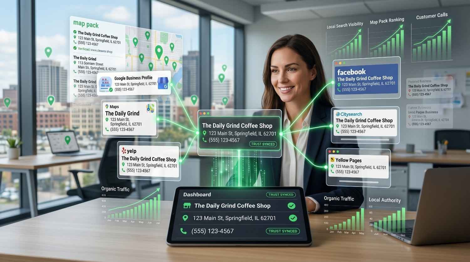 Local SEO dashboard showing citation management, Google Business Profile optimization, NAP consistency, and map pack rankings for a coffee shop. Business listings across Google, Yelp, Facebook, and directories are synchronized to improve local search visibility, customer calls, organic traffic, local authority, and Google Maps performance.