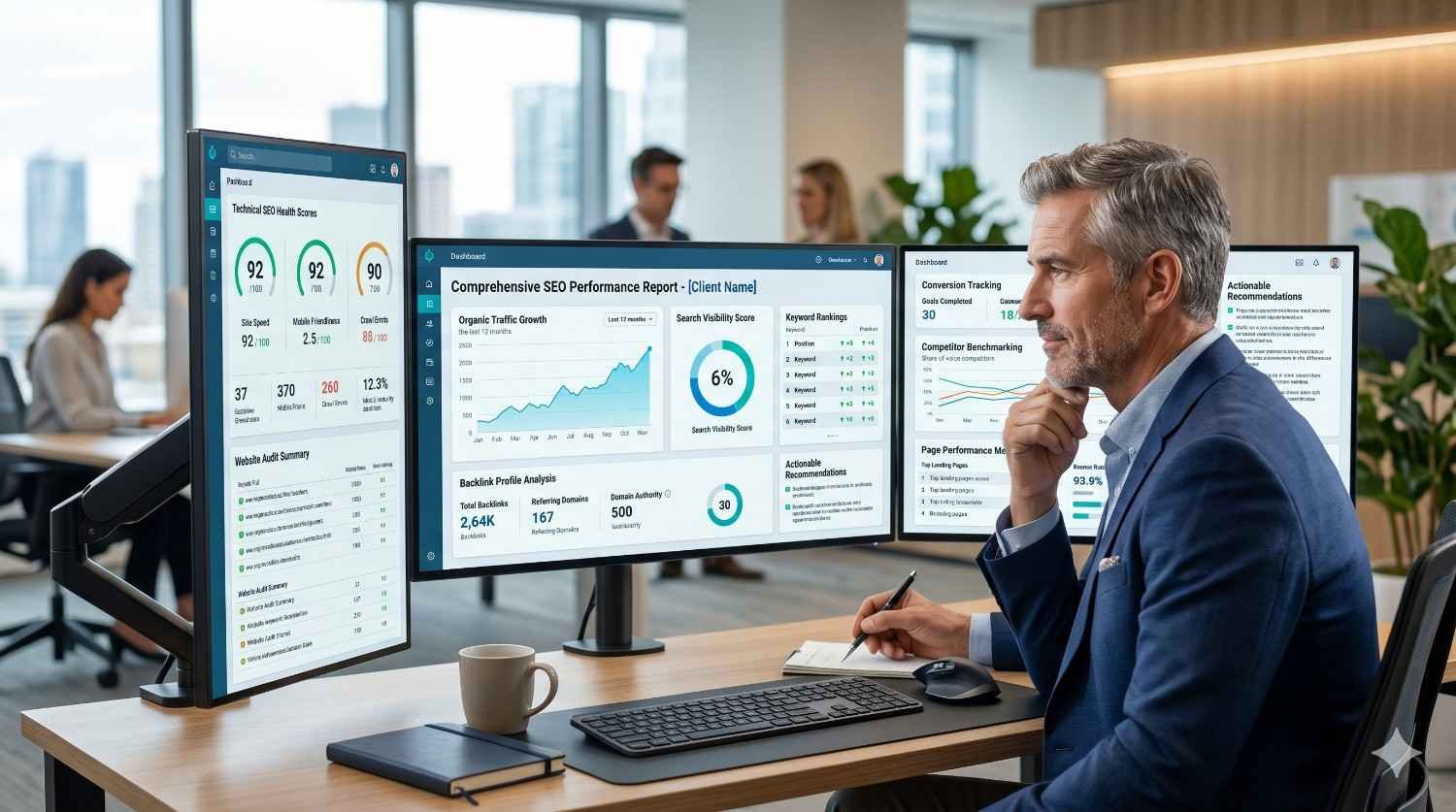 SEO consultant reviewing a comprehensive SEO performance report featuring organic traffic growth, keyword rankings, backlink analysis, technical SEO health, search visibility, conversion tracking, and competitor benchmarking. Data-driven SEO monitoring focused on improving website performance, organic rankings, search engine visibility, and long-term business growth.