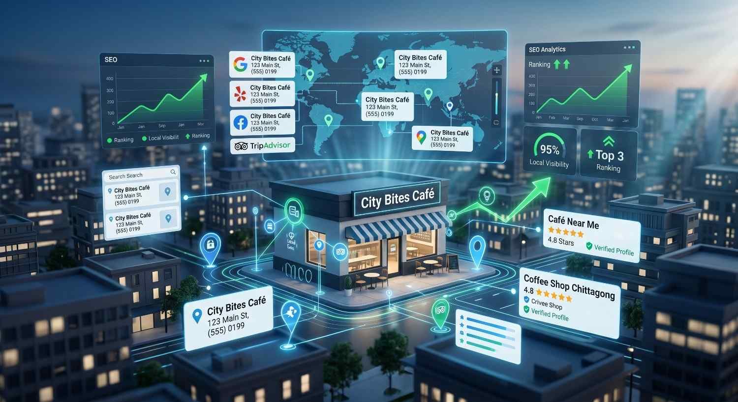 Local SEO visualization showing a coffee shop’s Google Business Profile, citation management, map listings, customer reviews, and local search rankings across Google, Yelp, Facebook, and TripAdvisor. The infographic highlights NAP consistency, local visibility, map pack optimization, and citation building strategies that drive local traffic and business growth.