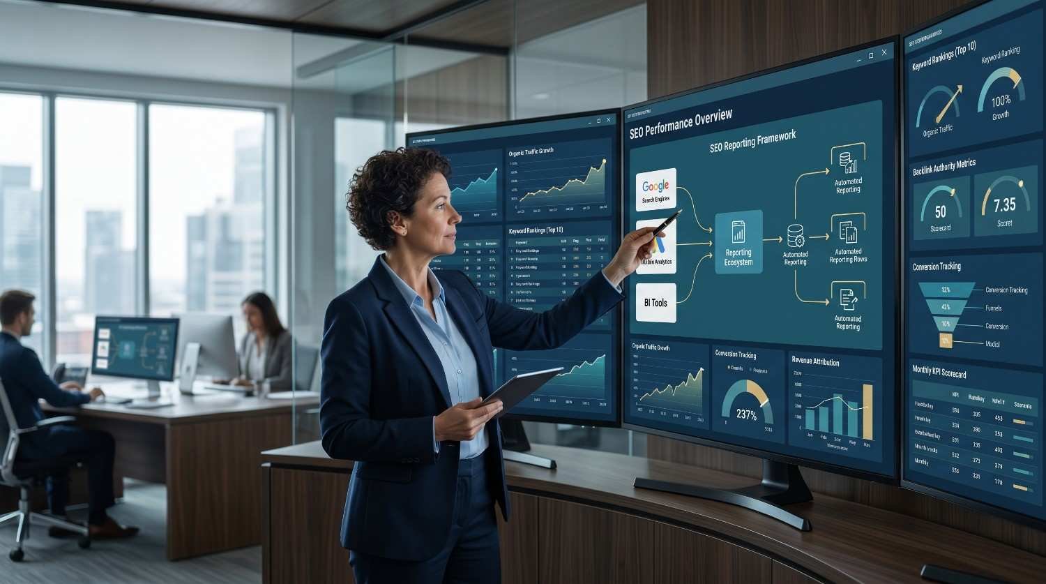 SEO manager presenting a performance reporting dashboard with keyword rankings, organic traffic growth, conversion tracking, backlink authority metrics, and automated reporting workflows, showcasing data-driven search engine optimization, analytics, and digital marketing performance management.