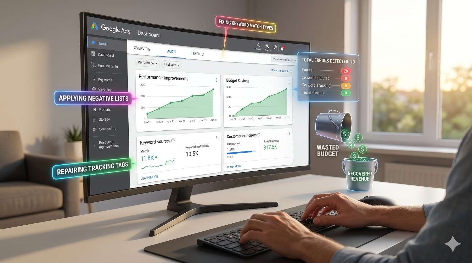 Google Ads audit dashboard highlighting negative keyword implementation, conversion tracking fixes, keyword match type optimization, budget waste reduction, and revenue recovery. PPC campaign management visualization focused on improving ad performance, lowering wasted spend, increasing conversions, and maximizing return on advertising investment.