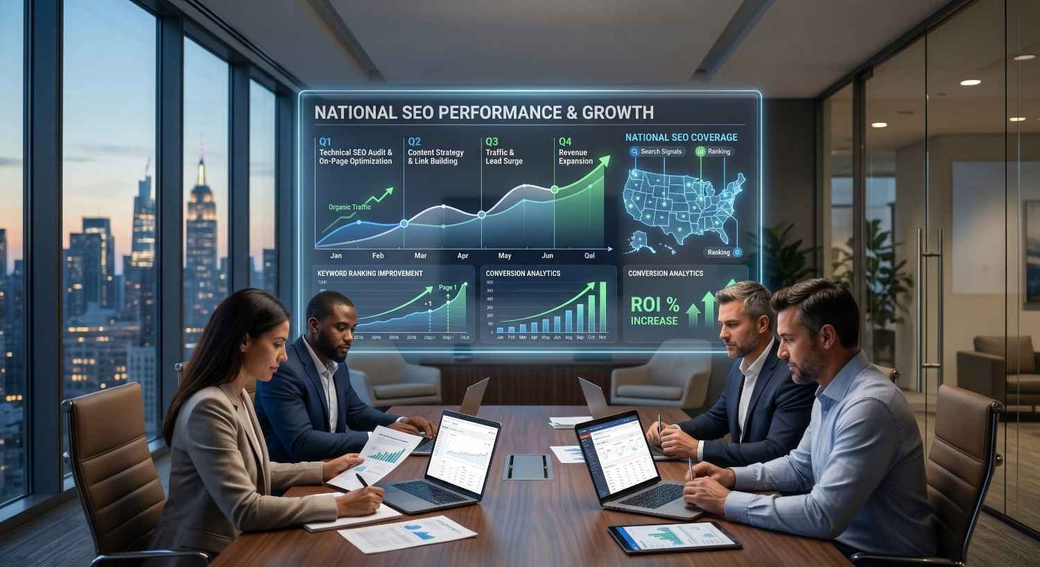 National SEO performance and growth dashboard displaying keyword ranking improvements, organic traffic growth, conversion analytics, revenue expansion, ROI increases, and nationwide search coverage. Marketing team reviewing technical SEO, content strategy, link building, and search engine optimization metrics to improve rankings, visibility, lead generation, and business growth across markets.
