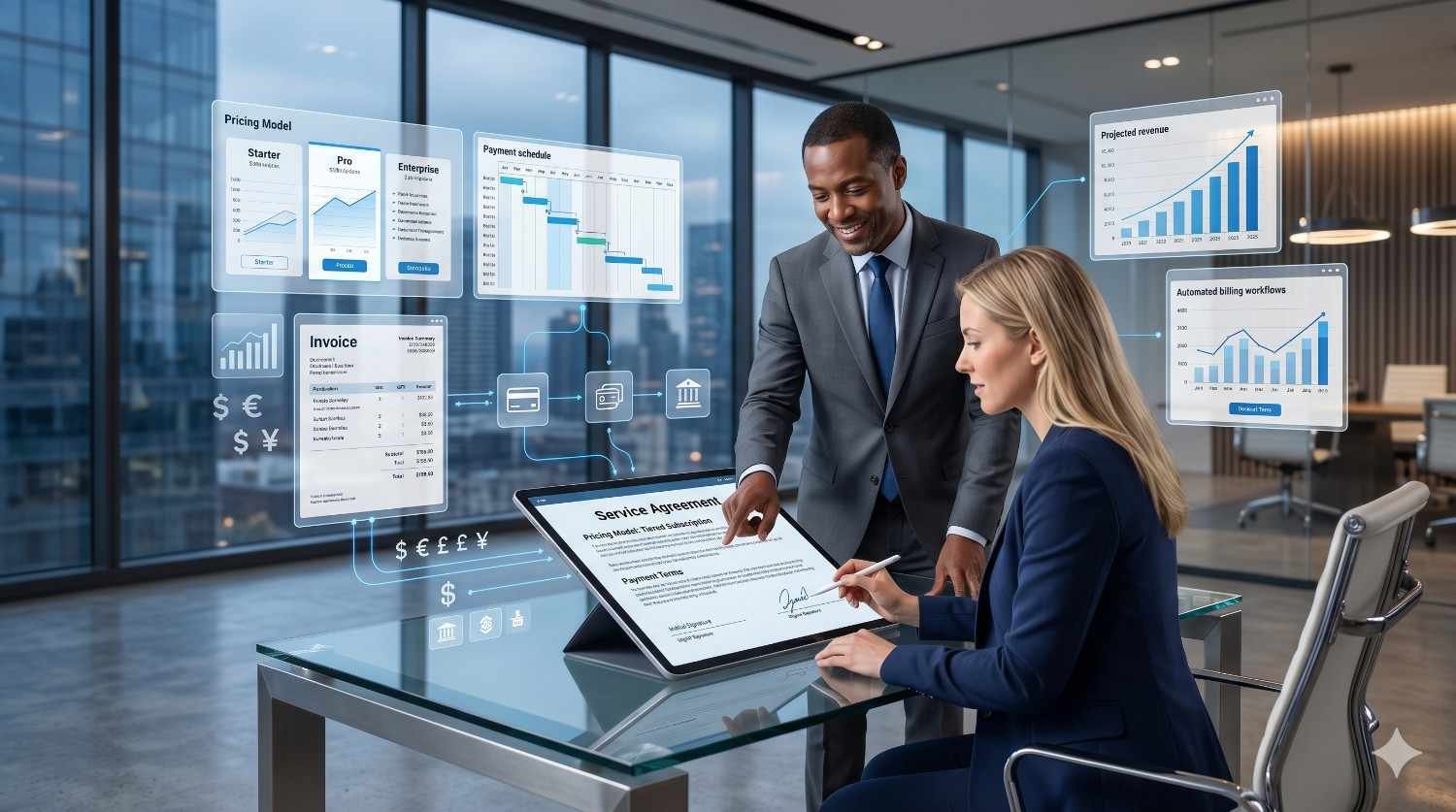 Business professionals reviewing a service agreement with pricing models, invoicing, payment schedules, revenue forecasting, and automated billing dashboards. Client onboarding and contract management process focused on transparent pricing, financial planning, recurring revenue growth, operational efficiency, and long-term business partnership success.