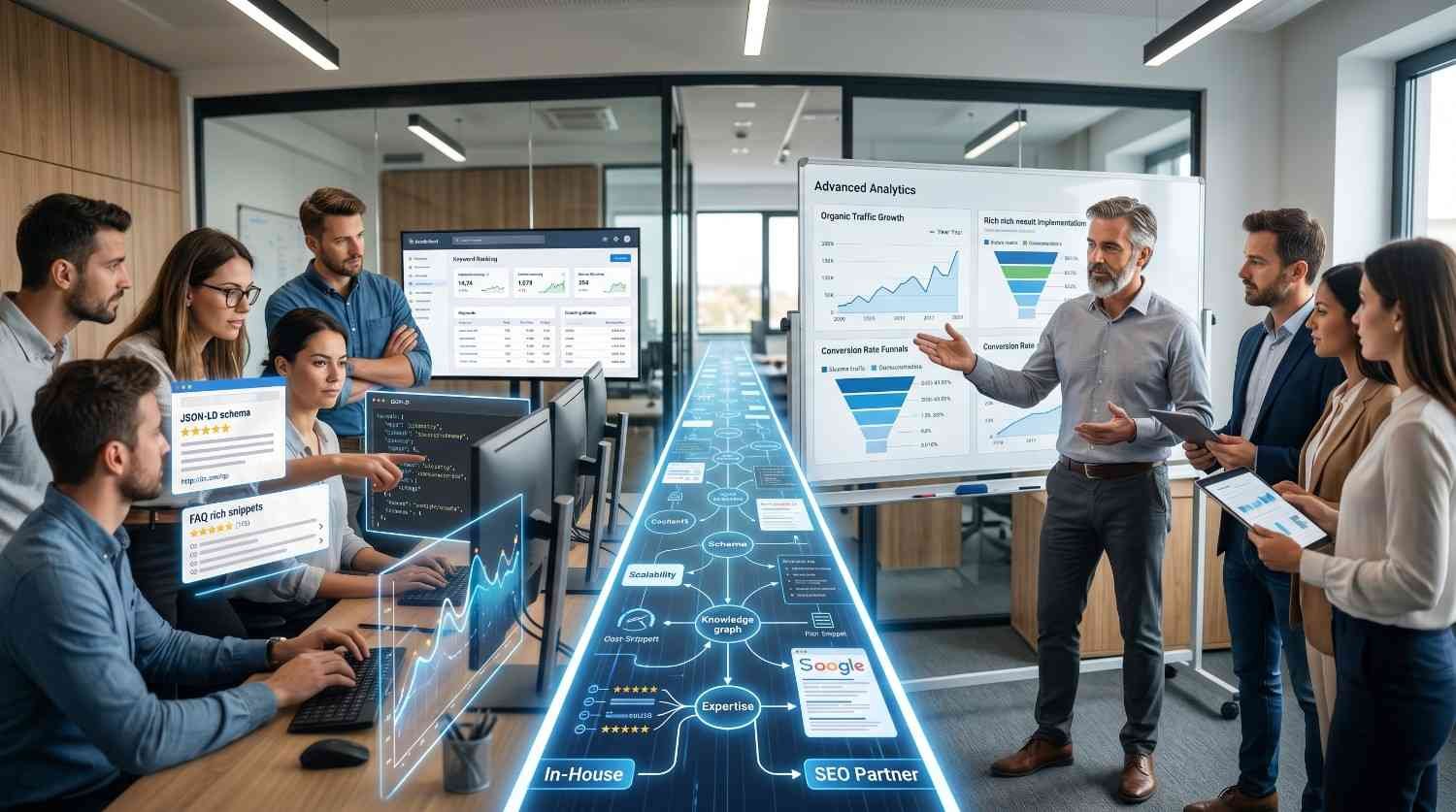 SEO team collaborating on advanced analytics, schema markup implementation, and search engine optimization strategy. Digital marketing professionals reviewing traffic growth, conversion funnels, rich results, and technical SEO performance to improve website rankings, visibility, and online business growth