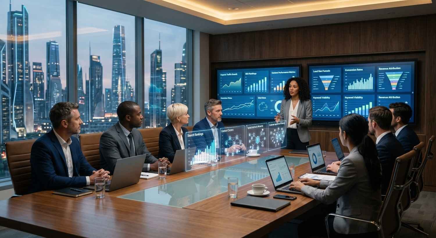 Executive team reviewing enterprise SEO performance metrics during a boardroom strategy meeting. Digital dashboards display search rankings, organic traffic growth, conversion rates, lead generation funnels, content performance analytics, and revenue attribution, highlighting data-driven SEO planning, business growth, digital marketing insights, and enterprise search optimization success.