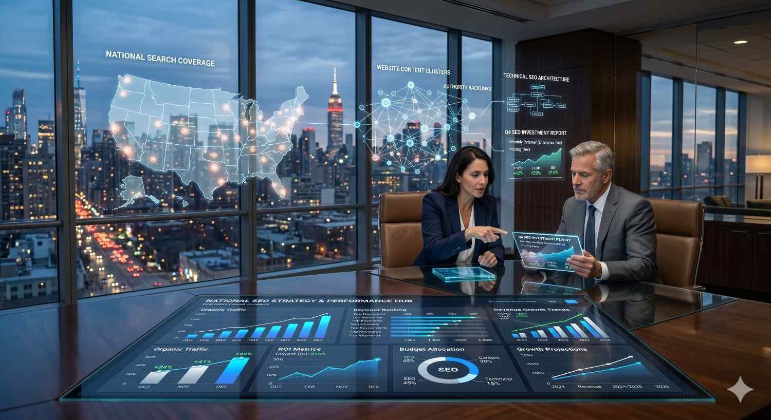 SEO executives review a national search strategy and performance dashboard in a high-rise office overlooking a city skyline. Interactive displays show nationwide search coverage, content clusters, backlink authority, technical SEO architecture, organic traffic growth, ROI metrics, budget allocation, and growth projections. The meeting emphasizes data-driven planning, visibility, and expansion.