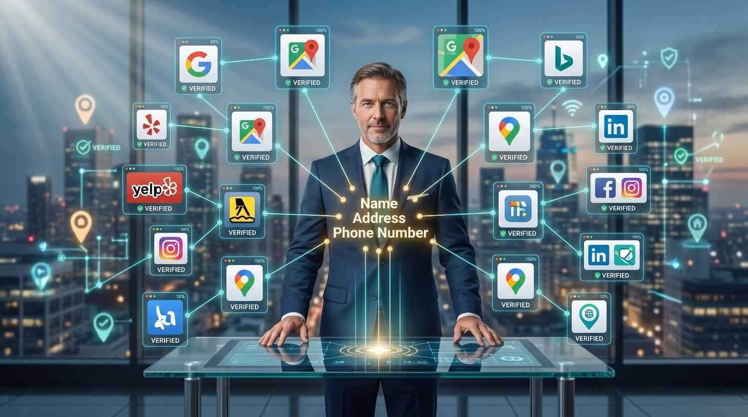 Business professional managing local citation building and NAP consistency across Google Business Profile, Google Maps, Yelp, Bing, LinkedIn, Facebook, and online directories. The visualization highlights verified business listings, local SEO optimization, citation management, trust signals, and brand authority to improve local search rankings and visibility.