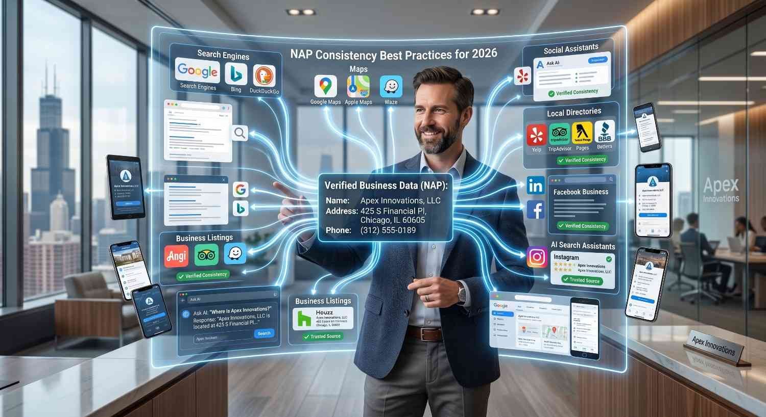 Business owner managing NAP consistency across Google Business Profile, Google Maps, Bing, Yelp, Facebook, Apple Maps, and local directories. The dashboard showcases citation management, verified business listings, local SEO best practices, AI search optimization, and trusted business data synchronization to improve local rankings and online visibility.