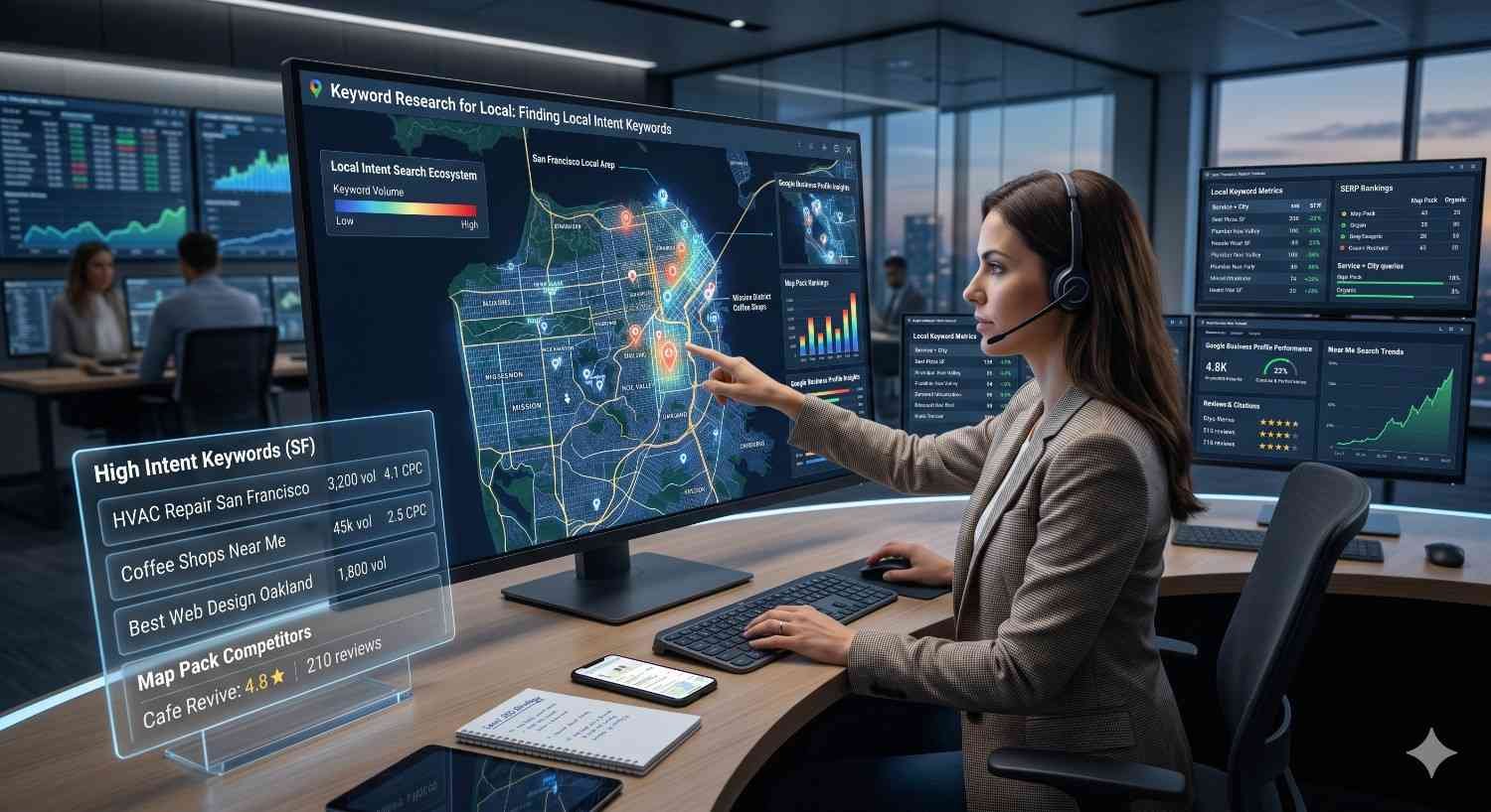 Local SEO specialist analyzes location-based keyword opportunities using interactive mapping and search performance dashboards. Multiple screens display local intent keywords, map pack rankings, business profile metrics, competitor analysis, search trends, and geographic targeting data. The workspace highlights data-driven local search optimization, customer discovery, and regional digital marketing strategy success.