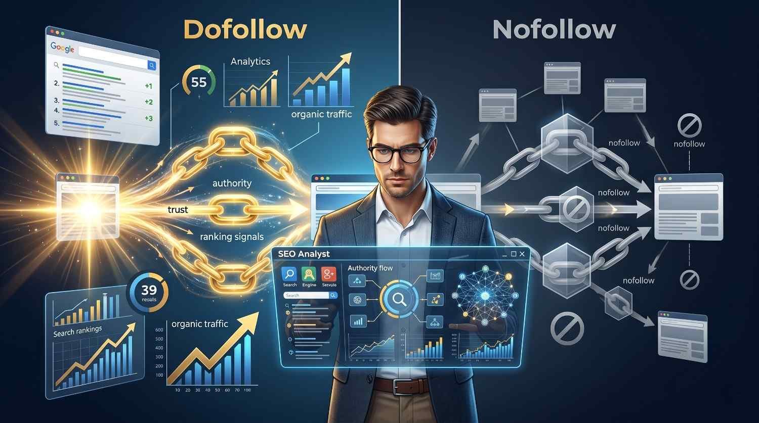 Comparison of dofollow and nofollow backlinks in SEO strategy. Visual illustrates how dofollow links pass authority, trust signals, and ranking value to improve search visibility and organic traffic, while nofollow links limit link equity transfer. Dashboard highlights backlink analysis, domain authority, and search performance growth.