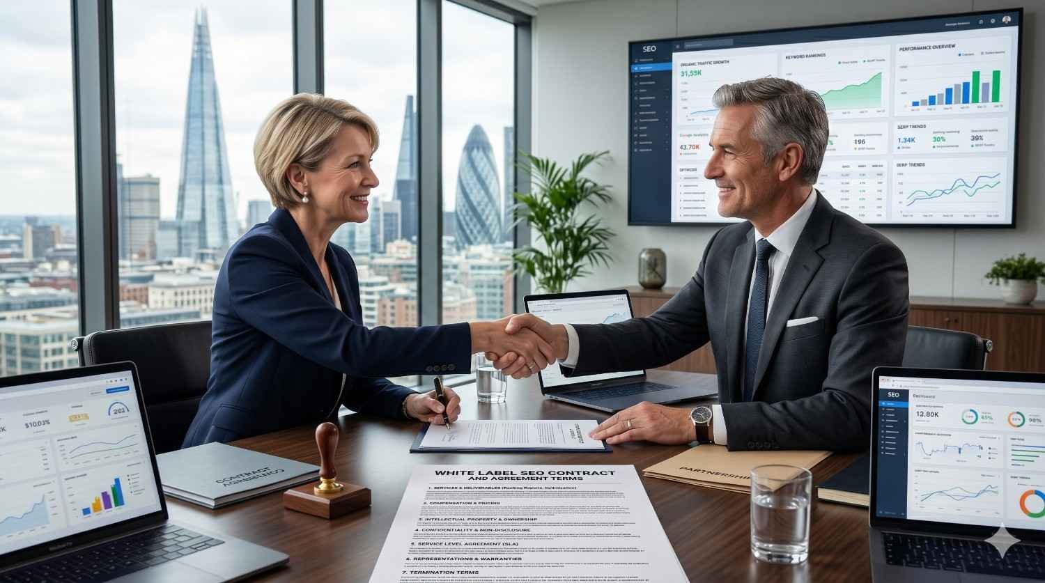 Two business professionals shake hands across a conference table after signing a white label SEO agreement. Digital dashboards display website traffic, keyword rankings, analytics, and performance metrics. Laptops and documents surround the meeting. A city skyline is visible through large office windows, symbolizing partnership, growth, and business success.