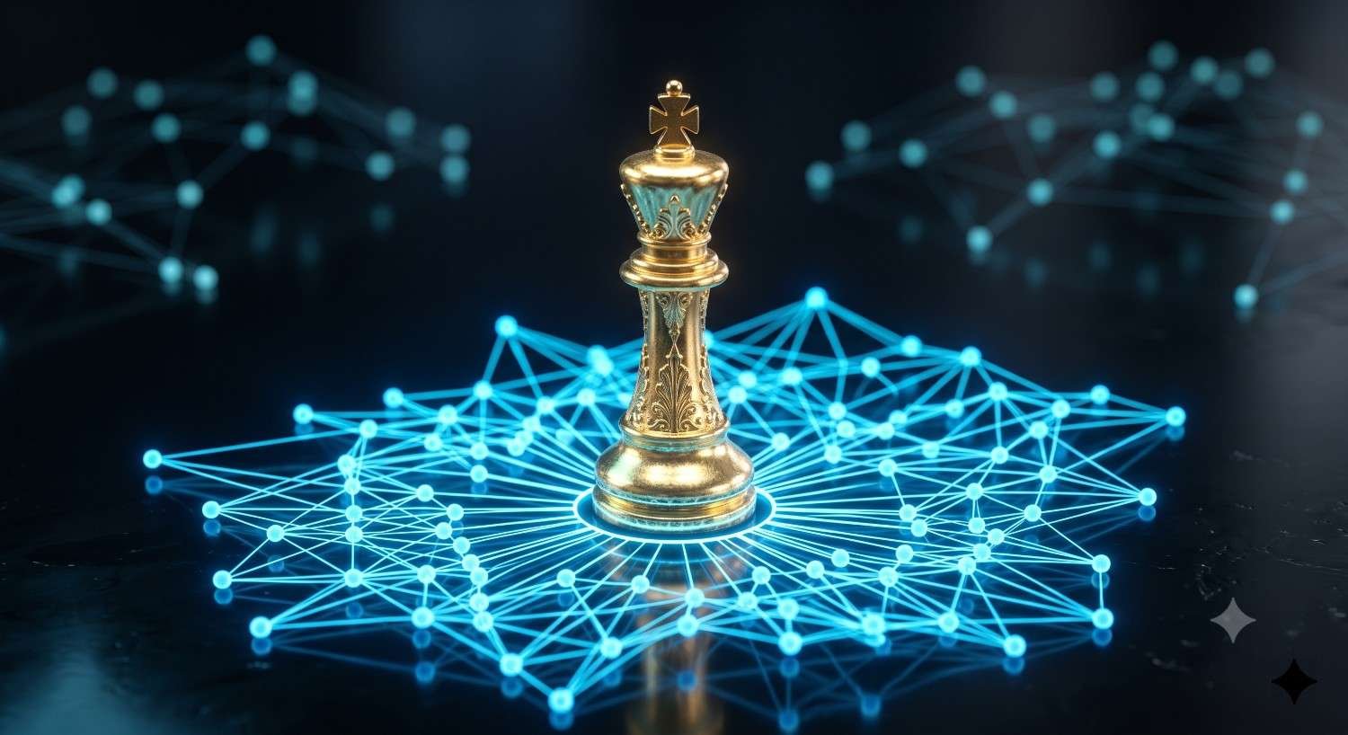 Golden king chess piece standing on a digital network grid, symbolizing strategic leadership, business intelligence, data-driven decision-making, competitive advantage, innovation, and enterprise technology in a connected digital ecosystem
