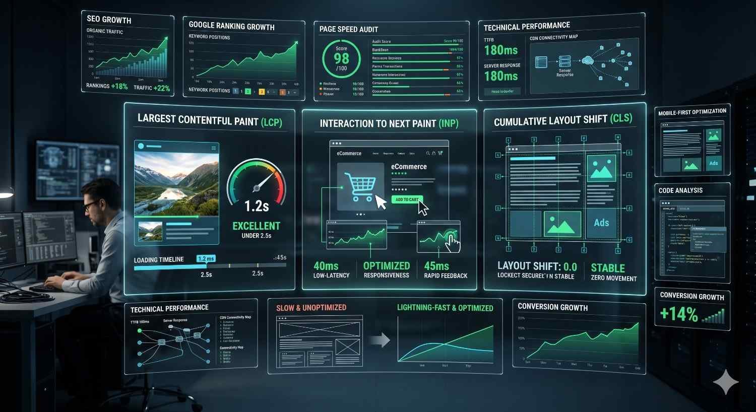 Core Web Vitals dashboard analyzing Largest Contentful Paint (LCP), Interaction to Next Paint (INP), Cumulative Layout Shift (CLS), page speed optimization, mobile-first performance, and technical SEO metrics to improve user experience, search rankings, website speed, and conversion rates.