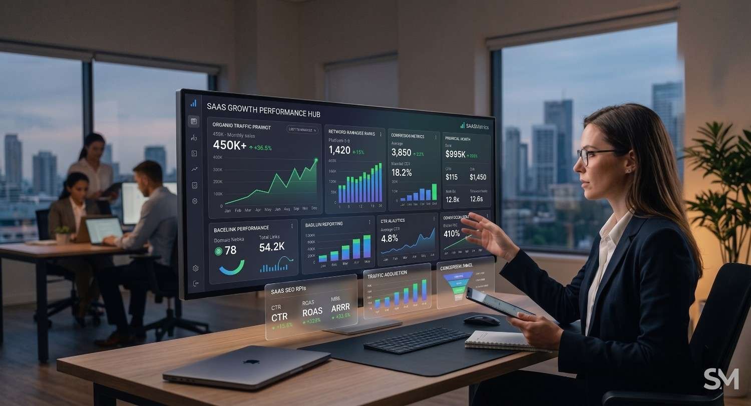 SaaS marketing manager analyzing SEO performance metrics on a growth dashboard displaying organic traffic, keyword rankings, backlink performance, conversion rates, CTR, revenue growth, and customer acquisition data. Data-driven SaaS SEO reporting highlights search visibility improvements, lead generation, ROI measurement, and scalable business growth through organic search.