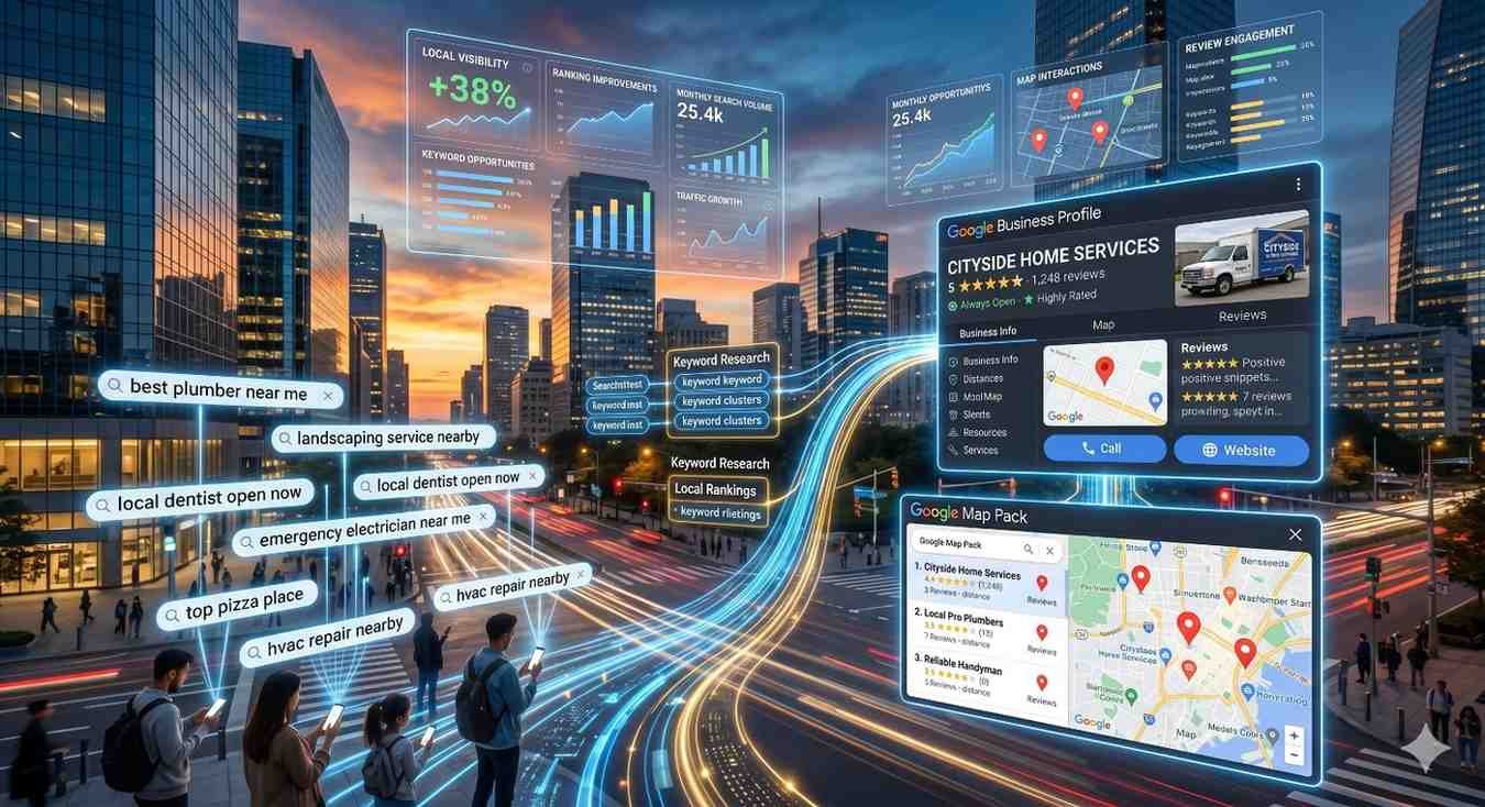 Local SEO and Google Business Profile optimization dashboard showcasing Google Maps rankings, local keyword research, customer reviews, and map pack visibility. Search queries for nearby services connect to business listings, highlighting strategies that increase local search traffic, lead generation, customer engagement, and revenue growth.