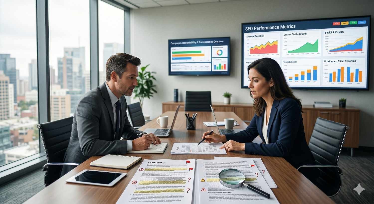 Business professionals reviewing an SEO service contract alongside performance dashboards showing keyword rankings, organic traffic growth, backlink velocity, and reporting metrics. Client consultation focused on agency accountability, transparent reporting, contract evaluation, SEO performance measurement, and building trust through data-driven digital marketing services.