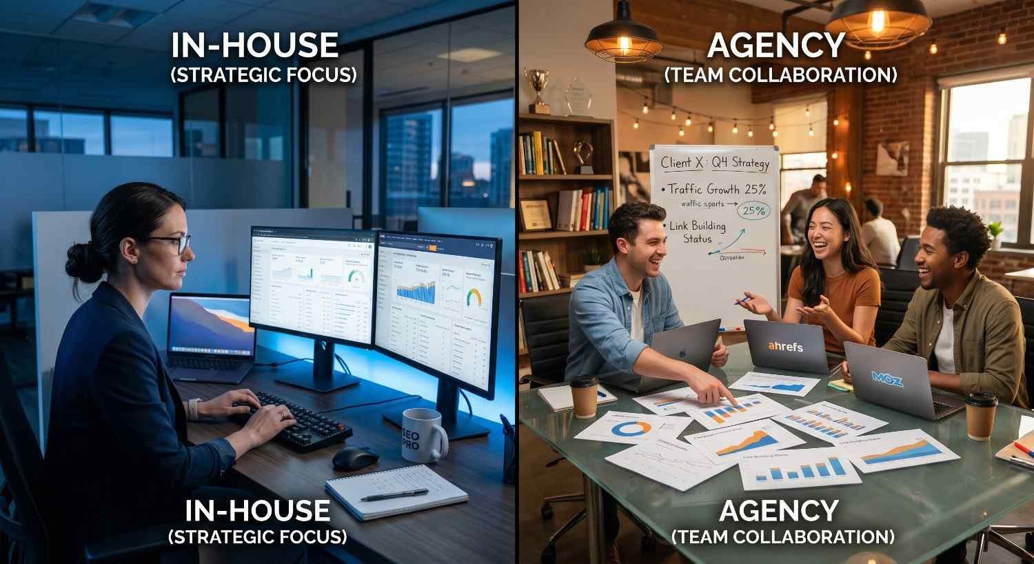 Comparison of in-house SEO and agency SEO teams, highlighting strategic focus, collaboration, performance analytics, campaign management, keyword optimization, and digital marketing workflows to improve search rankings, organic traffic, and business growth