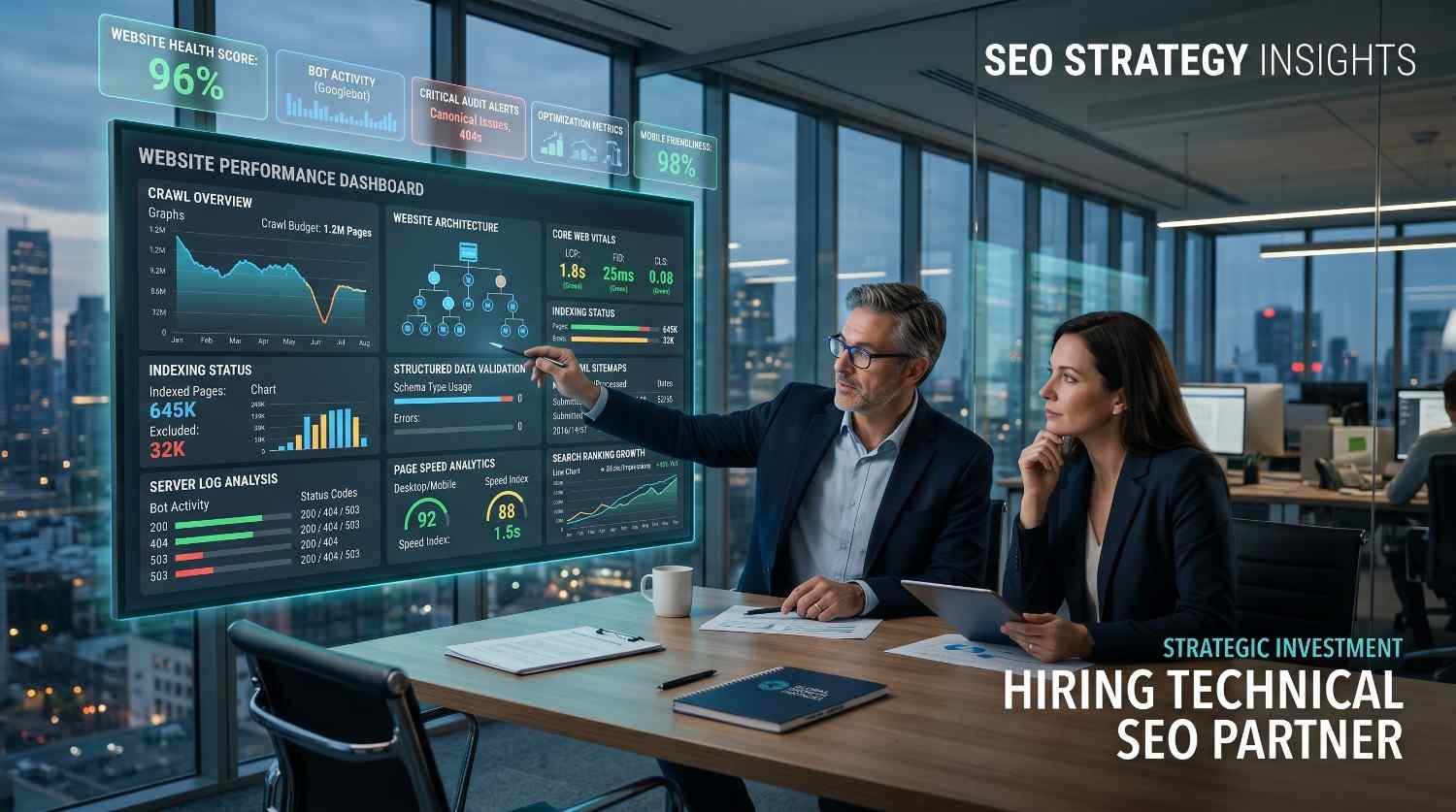 Technical SEO strategy dashboard displaying website health scores, crawl analysis, Core Web Vitals, indexing status, structured data validation, server log analysis, and mobile performance metrics. SEO consultants reviewing technical SEO audits, website architecture, and search optimization insights to improve crawlability, rankings, user experience, and organic search visibility.