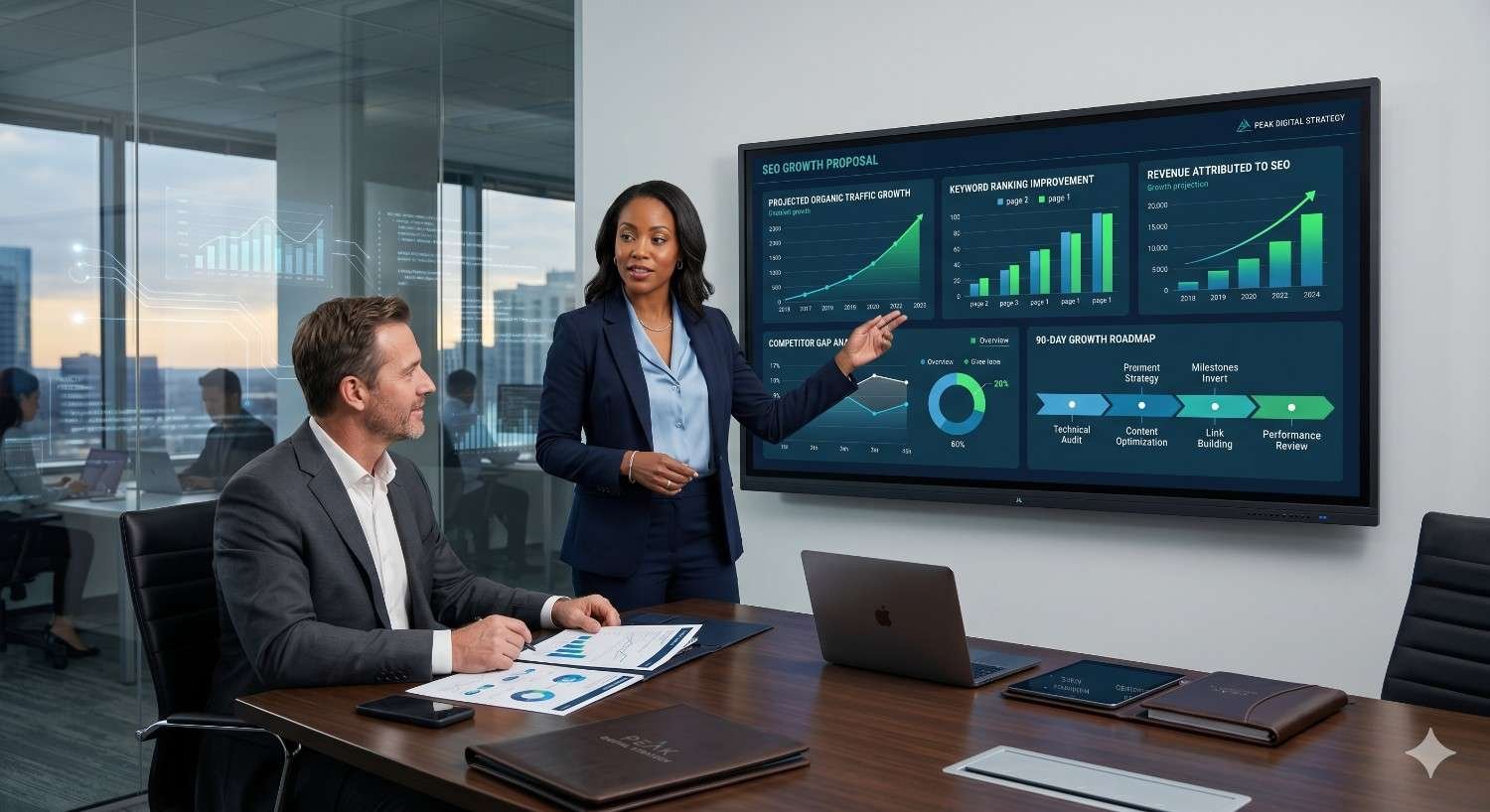 Business professionals discuss an SEO growth proposal in a modern conference room. A presenter explains projected organic traffic growth, keyword ranking improvements, revenue gains, and strategic milestones using a digital dashboard. A colleague reviews supporting reports at the table. The meeting highlights data-driven planning, performance tracking, and business growth initiatives.