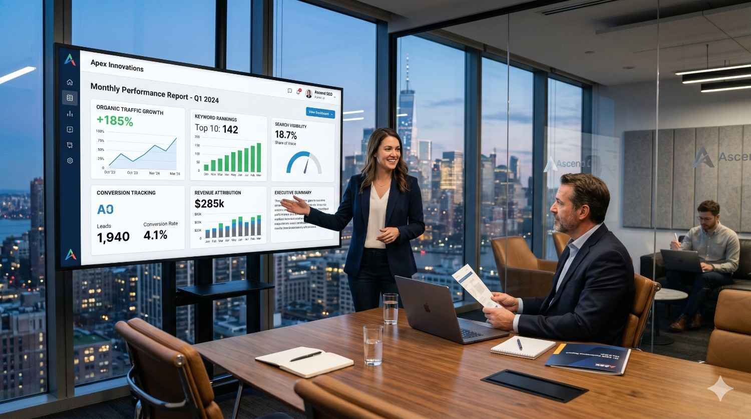 Professional business presentation in a modern conference room overlooking a city skyline. A presenter reviews a quarterly performance report featuring organic traffic growth, keyword rankings, search visibility, lead generation, and revenue metrics. Colleagues analyze results during a meeting, while digital dashboards display marketing analytics and business performance insights.