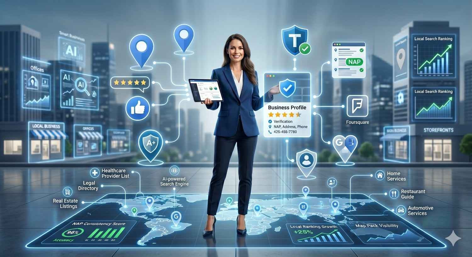 Local SEO and citation management concept featuring a business professional surrounded by digital business profiles, location markers, customer reviews, trust signals, and directory listings. Interactive graphics display NAP consistency, local search rankings, map pack visibility, reputation management, and business verification. The illustration emphasizes local search optimization, credibility, and online discoverability.