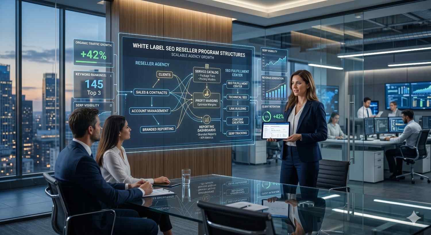 Business professionals attend a strategy meeting in a modern office, where a presenter explains a white label SEO reseller program using a digital dashboard. Interactive screens display traffic growth, keyword rankings, visibility metrics, client workflows, and reporting systems. Team members review performance data while analysts work in the background.