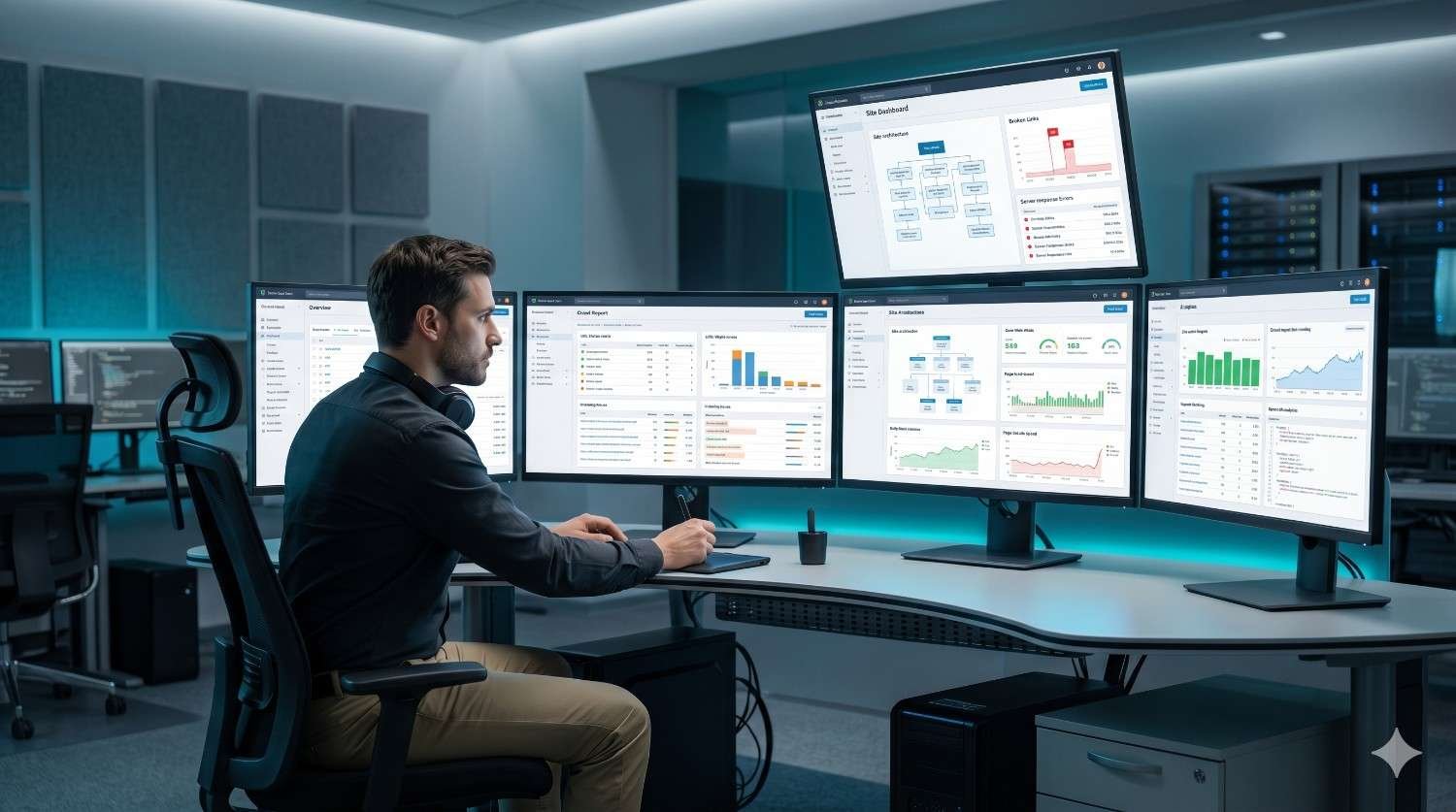 SEO analyst monitoring technical SEO performance across multiple dashboards displaying site audits, website analytics, error tracking, keyword rankings, and performance reports. Enterprise SEO management system highlights data-driven optimization, search visibility monitoring, website health analysis, and strategies for improving organic traffic and search engine rankings.