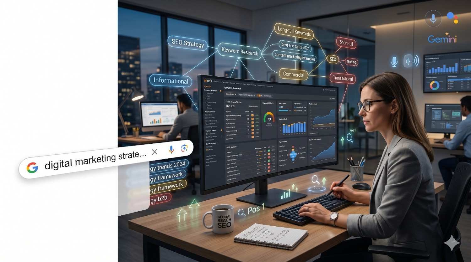 SEO professional conducting keyword research and digital marketing analysis at a workstation. Multiple dashboards display search rankings, traffic trends, keyword performance, and SEO metrics. Visual overlays illustrate search intent, long-tail keywords, and content strategy. Team members work in the background, highlighting data-driven optimization, search visibility, and online growth.