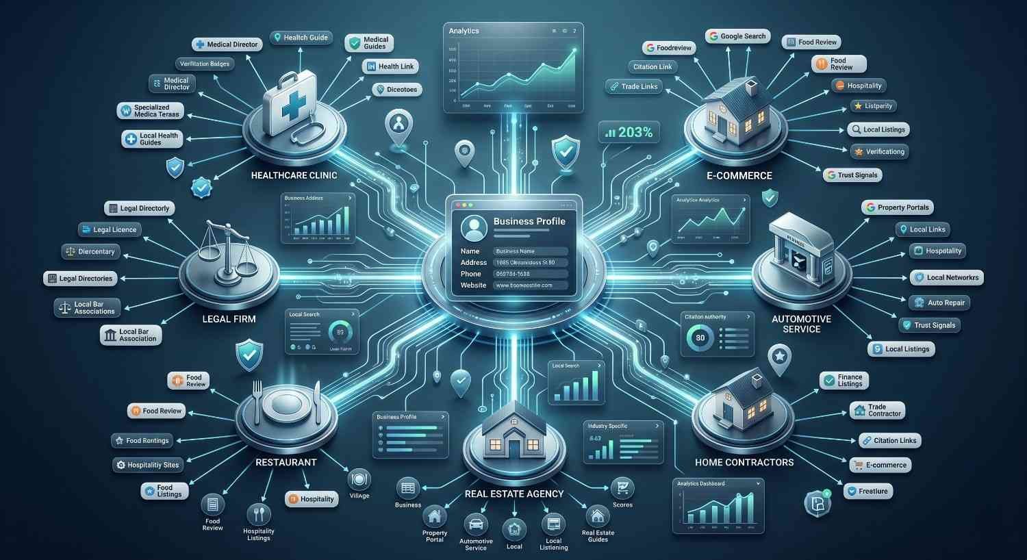 Local citation building strategy visualized across healthcare, legal, restaurant, real estate, automotive, and eCommerce businesses. The infographic highlights business profile optimization, industry-specific citations, trust signals, local listings, review management, and authority building to improve local SEO rankings, online visibility, customer trust, and search performance.