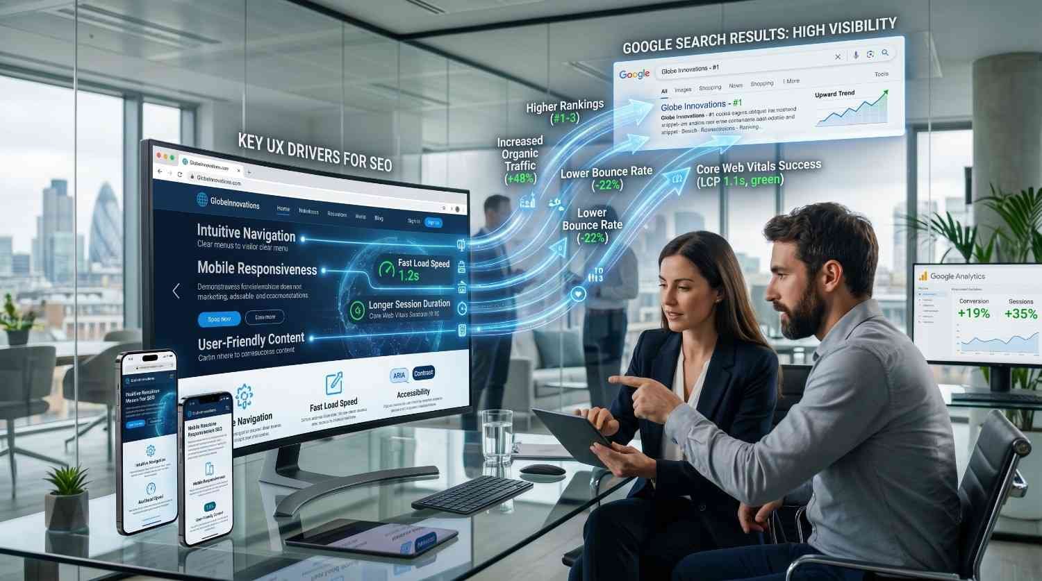 SEO professionals analyzing website user experience, mobile responsiveness, Core Web Vitals, page speed, and search performance metrics, demonstrating how UX optimization improves Google rankings, organic traffic, engagement, conversions, and overall search engine visibility.