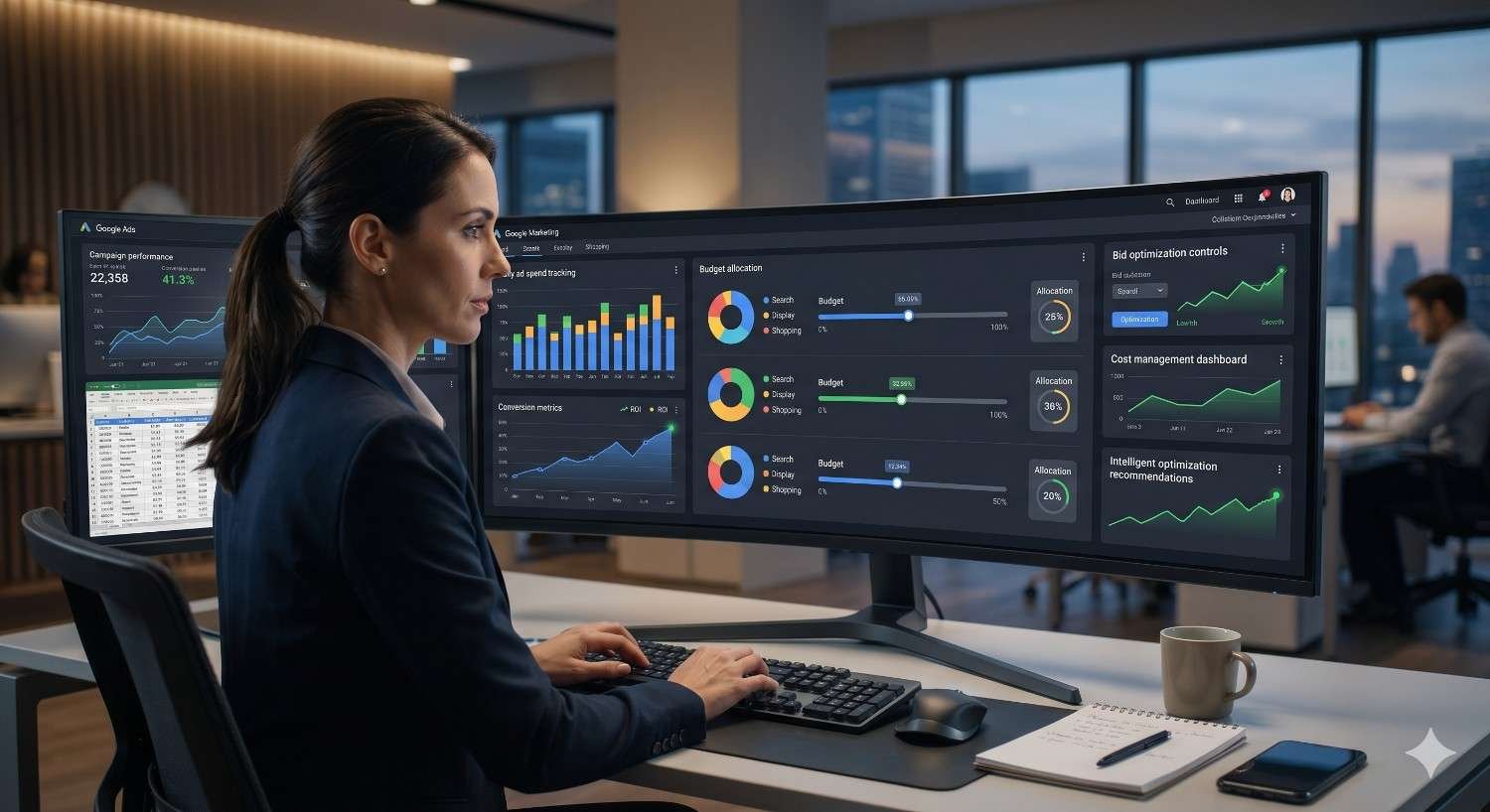 Digital marketing specialist managing Google Ads campaigns through a PPC analytics dashboard featuring budget allocation, bid optimization, conversion tracking, cost management, and performance reporting. Data-driven advertising strategy focused on improving ROI, campaign efficiency, audience targeting, and paid search marketing results.
