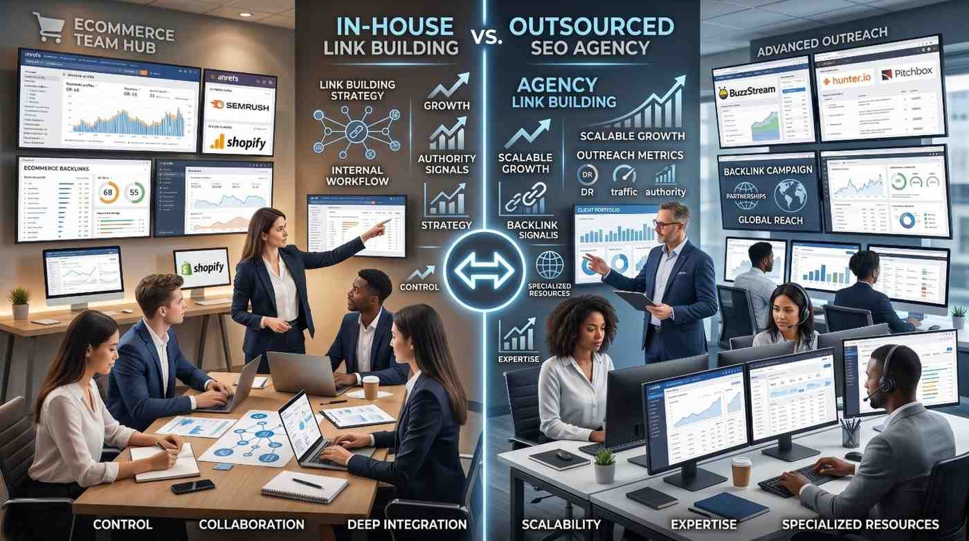 In-house vs outsourced ecommerce link building comparison dashboard showcasing backlink campaigns, outreach tools, authority growth, referral traffic, scalability, and SEO performance metrics. Marketing teams evaluating internal link building strategies against agency SEO services to improve domain authority, search rankings, organic traffic, and ecommerce revenue growth.