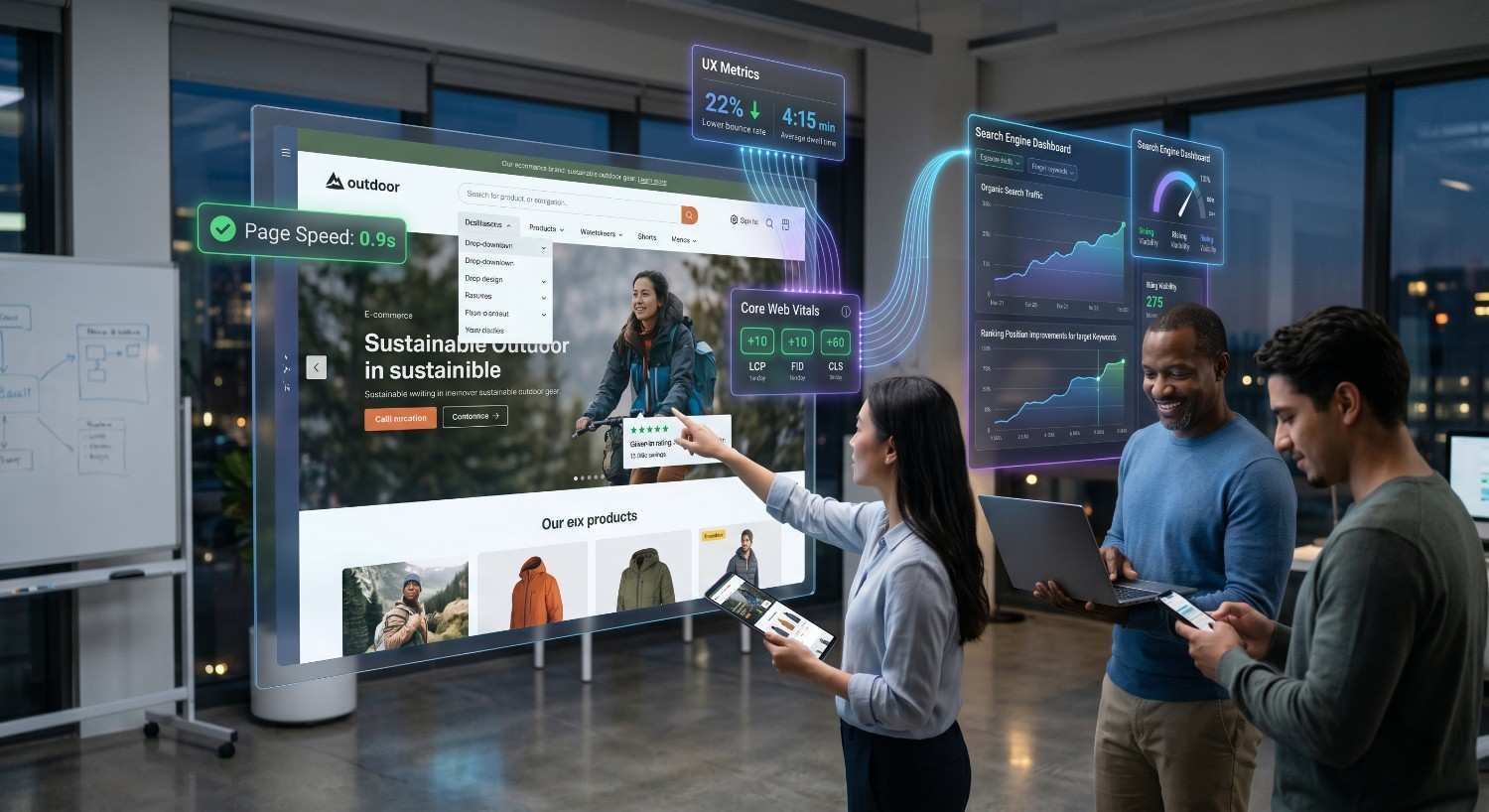 Digital marketing team analyzing website UX, Core Web Vitals, page speed, user engagement metrics, and SEO performance dashboards, showcasing user experience optimization, search visibility improvements, conversion rate growth, and data-driven website performance enhancement.