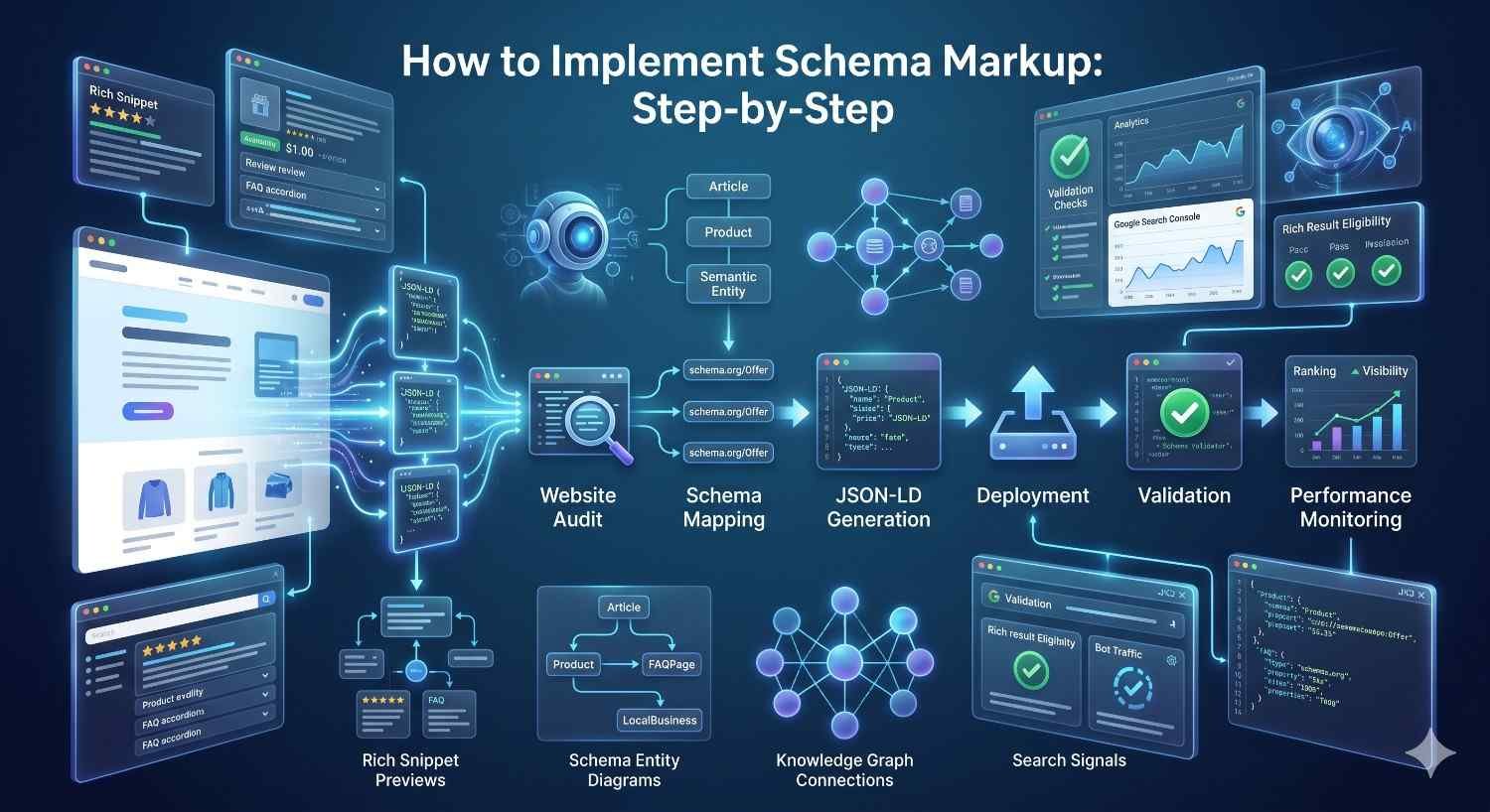 Step-by-step schema markup implementation infographic showing website audit, schema mapping, JSON-LD generation, deployment, validation, rich snippets, knowledge graph connections, and performance monitoring. Visual guide to structured data SEO, improving search visibility, rich results eligibility, organic traffic, and search engine rankings.