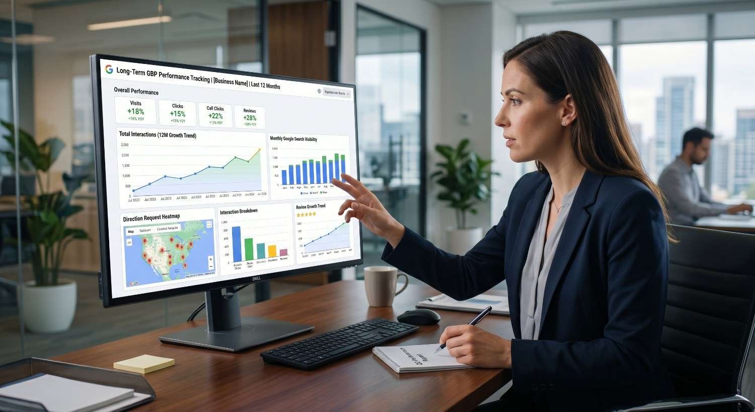 Marketing professional analyzing long-term Google Business Profile performance metrics, including search visibility, customer interactions, call clicks, reviews growth, and direction requests. The dashboard highlights local SEO reporting, business listing optimization, customer engagement trends, and Google Business Profile analytics to improve local search rankings and business growth.
