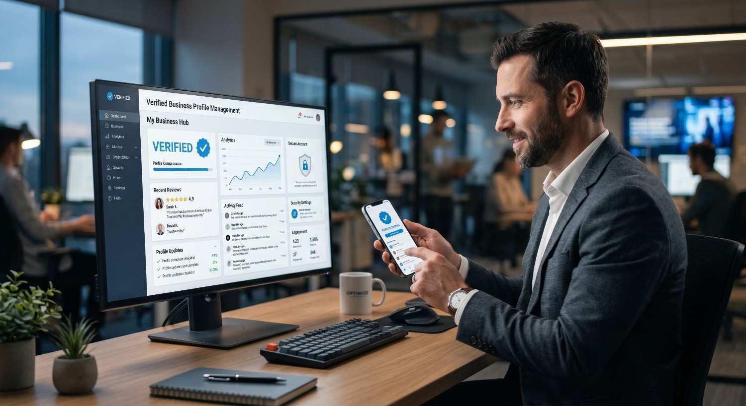 Business professional managing a verified Google Business Profile dashboard on desktop and mobile devices, monitoring reviews, profile performance, security settings, and local SEO metrics. Image highlights Google Business verification, reputation management, customer engagement, and local search optimization for improved online visibility and business growth.